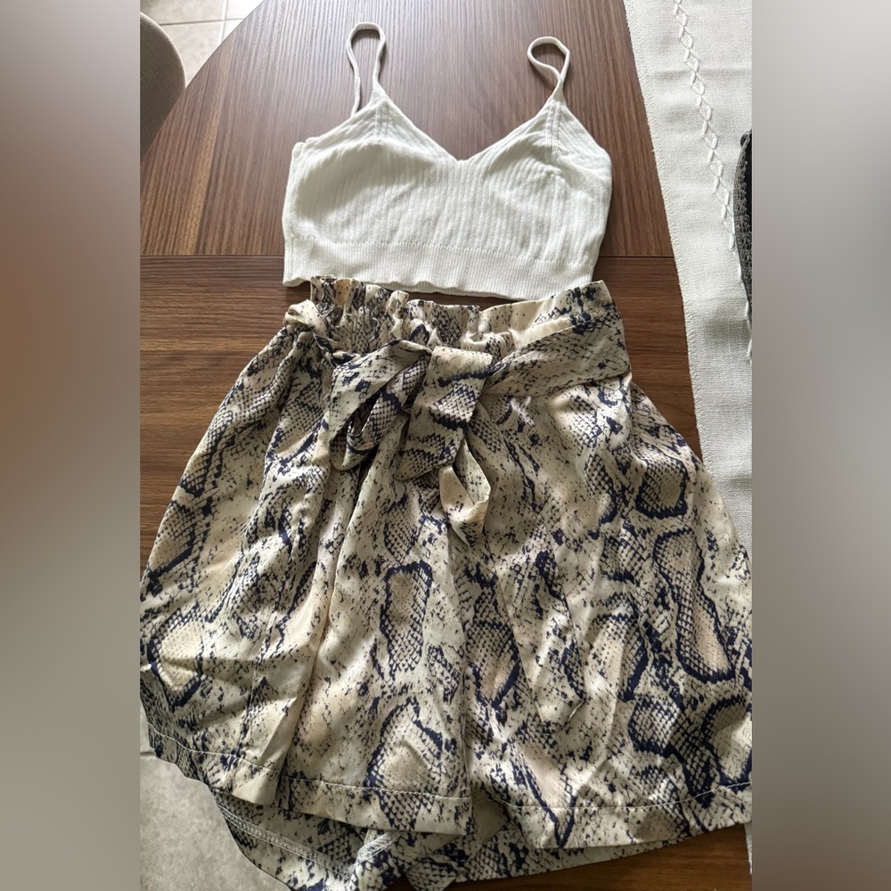 High-Waist Snakeskin Print Tie-Waist Skirt - Beige Navy
